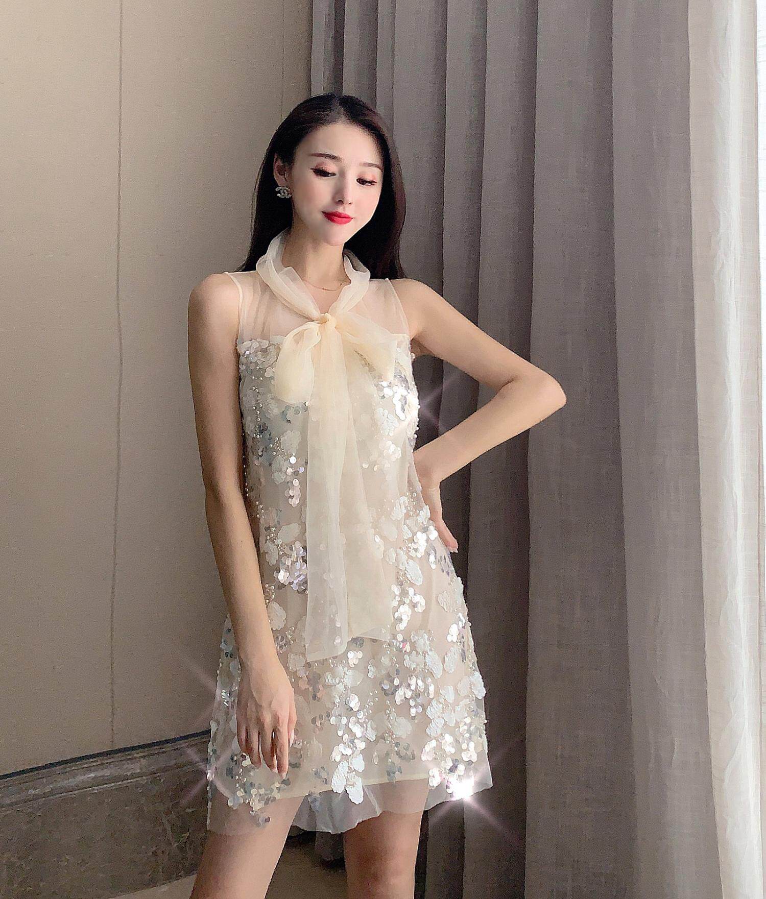 年会聚会网红礼服裙子 蝴蝶结钉珠网纱重工奢华背心连衣裙