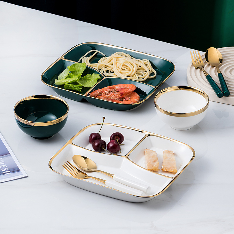 轻奢分格餐盘陶瓷家用分菜盘一人食减脂分餐盘分餐月子餐餐具套装