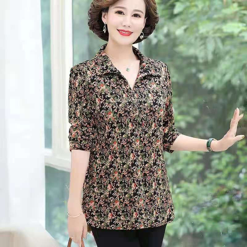 长袖碎花小衫女夏季装大码妈妈遮肚子翻领上衣中老年洋气套头衬衫