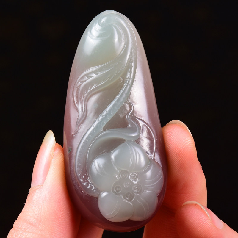 41.34g 紫绿玛瑙 出水芙蓉挂件 省级玉雕大师冀克正大师作品