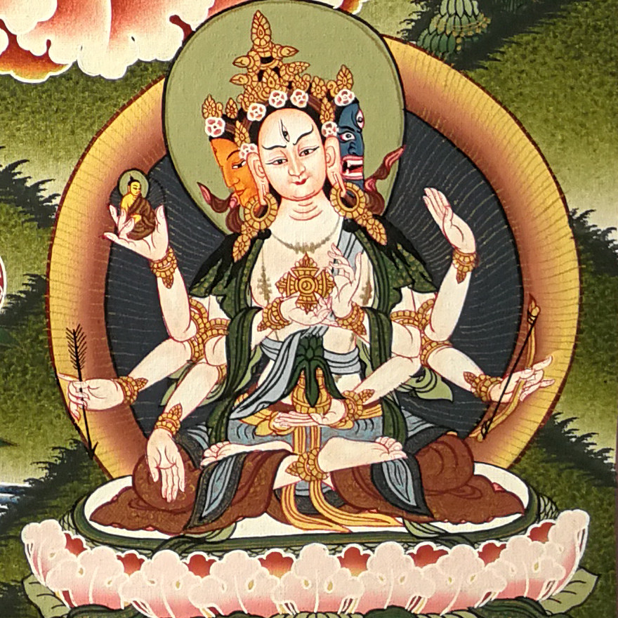 尼泊尔唐卡画师dhubshang lama作品彩绘描金白度母长寿三尊 5015