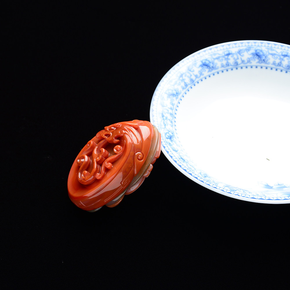 玉雕名家肖军作品 红白料/柿子红南红挂件仿古凤凰45.4g