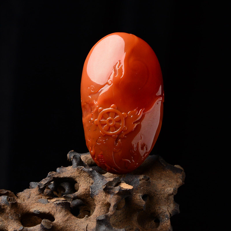 玉雕名家肖军作品 柿子红/冻料南红挂件 禅悟47.6g