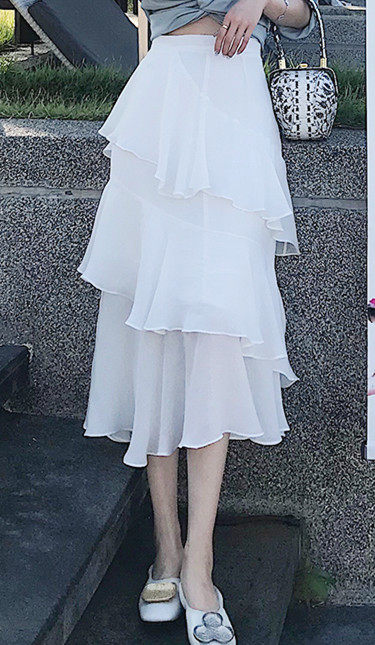 裙子女2019春装新款 白色褶皱超仙甜美纱裙韩版高腰半身裙中长裙