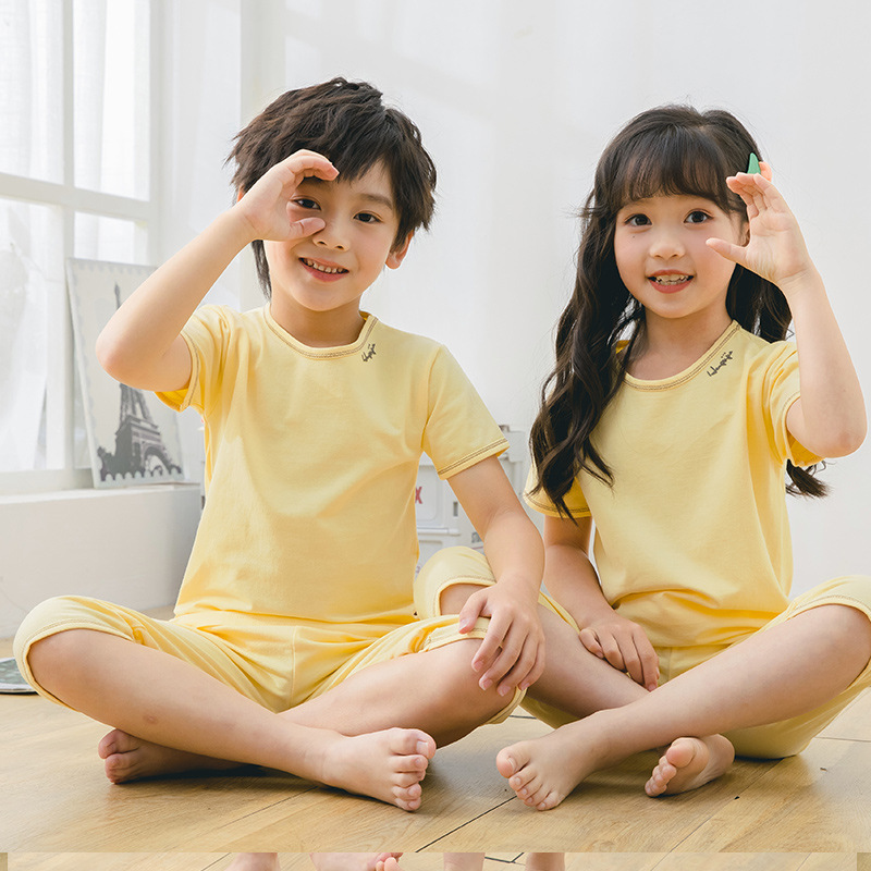 夏季儿童素色短袖七分裤家居服两件套中小男女童圆领套头纯棉睡衣