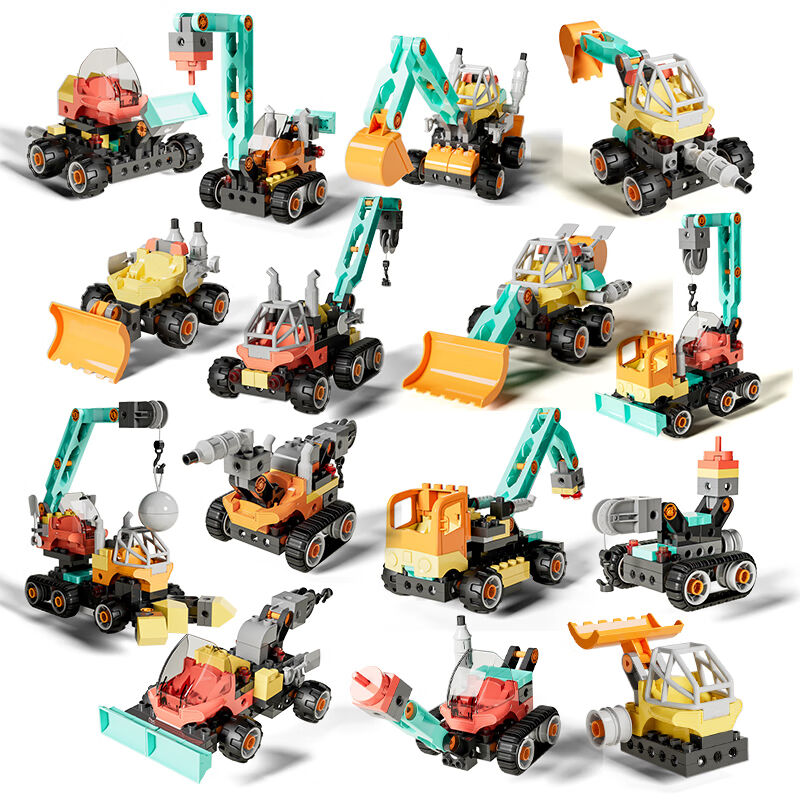TumamaKids积木大颗粒玩具百变机械工程车科教拼装玩具3-6岁男孩