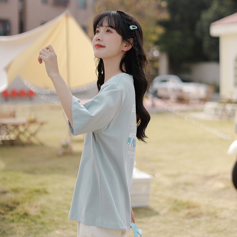 茉语家 2023年原创夏季新款蓝色设计感上衣韩版宽松印花短袖T恤女