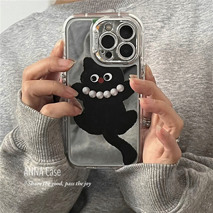ANNACASE日韩可爱气质黑色小猫手机壳适用于iPhone15promax新款带镜头膜14promax苹果13pro全包12防摔保护套