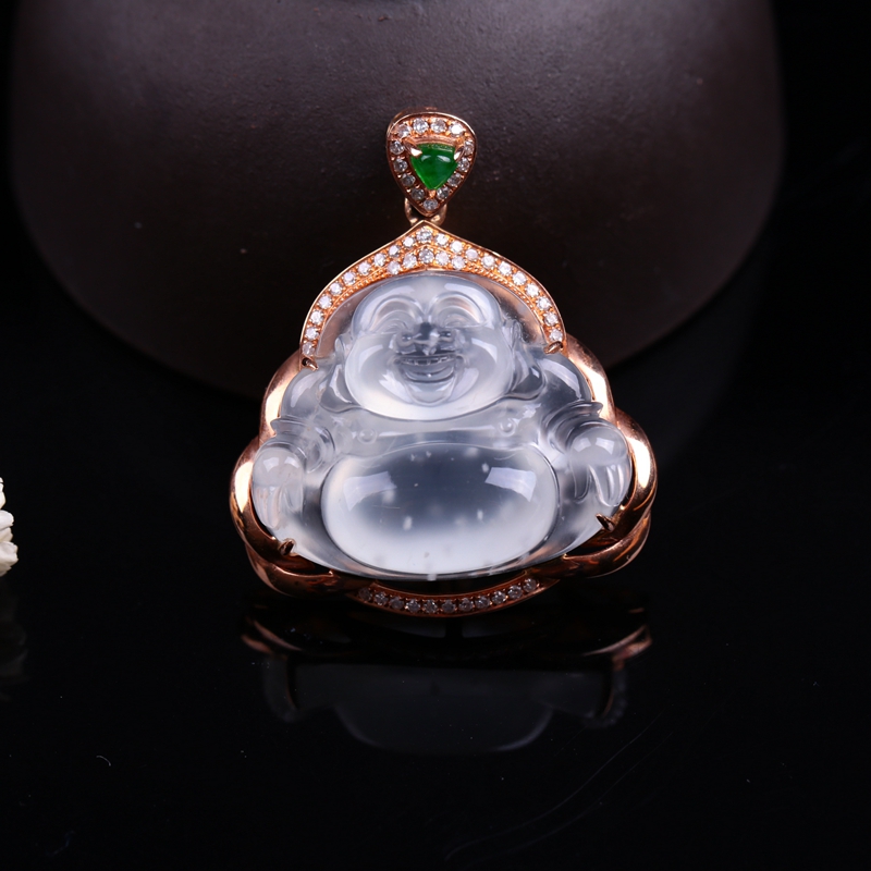 缅甸a货翡翠18k金伴钻镶嵌木那起光佛公吊坠6.32g