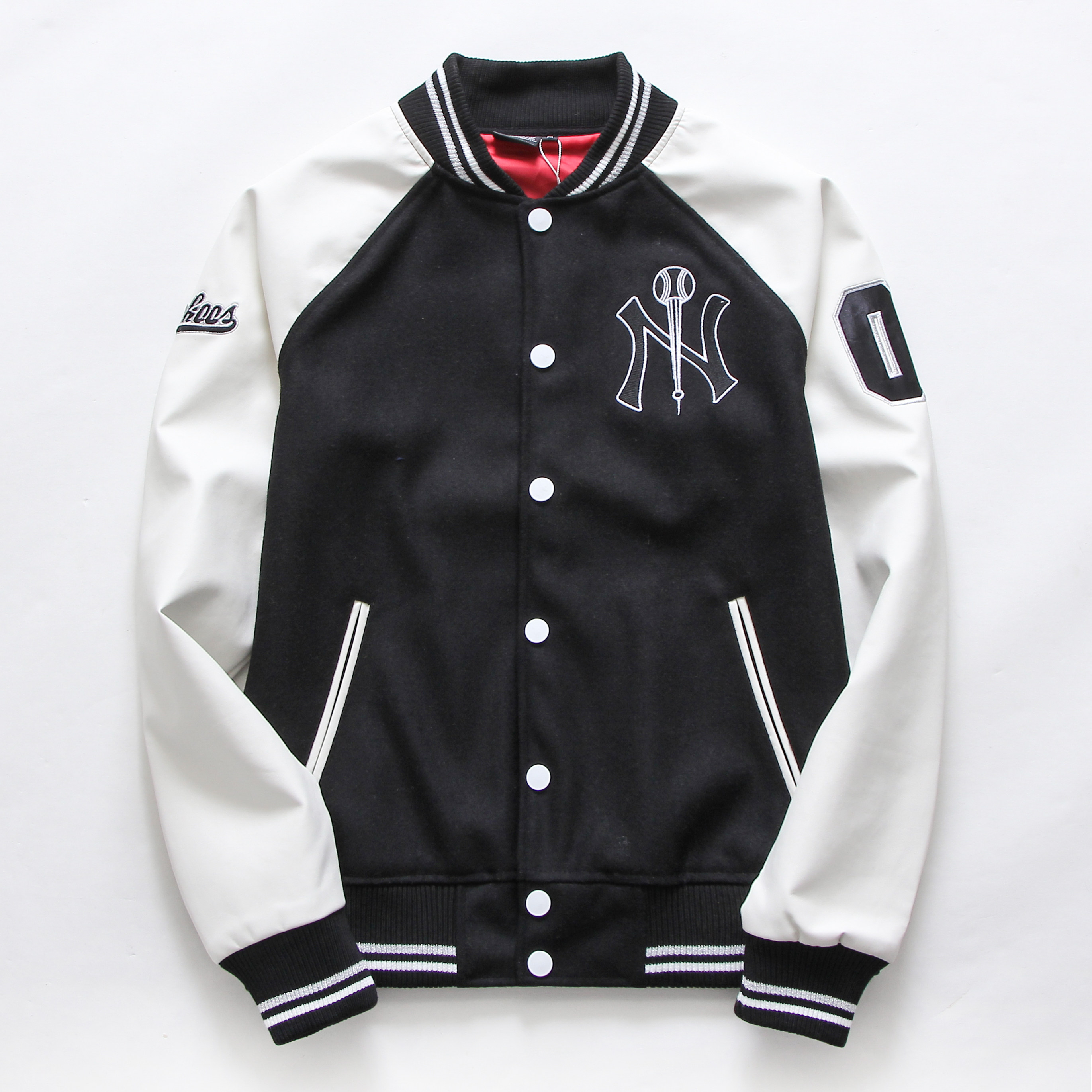 mlbny棒球服秋季情侣学院风毛呢黑色拼接宽松加大码加厚休闲外套