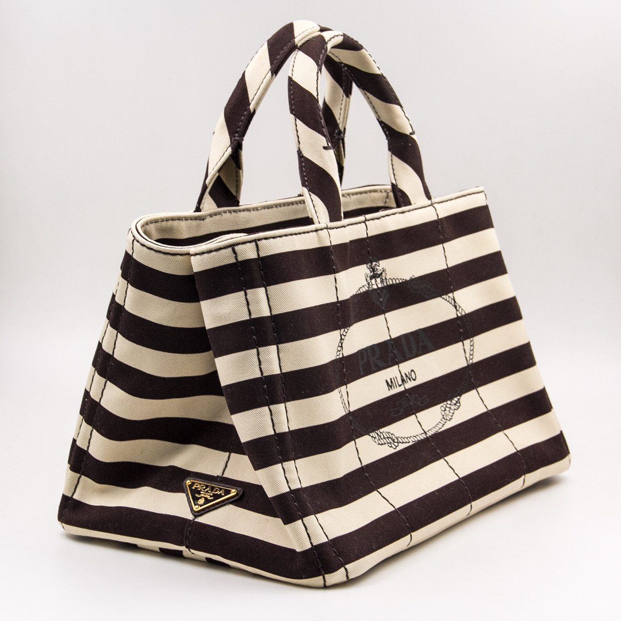 9.9新〕普拉达prada女士黑白条纹帆布单肩手提包