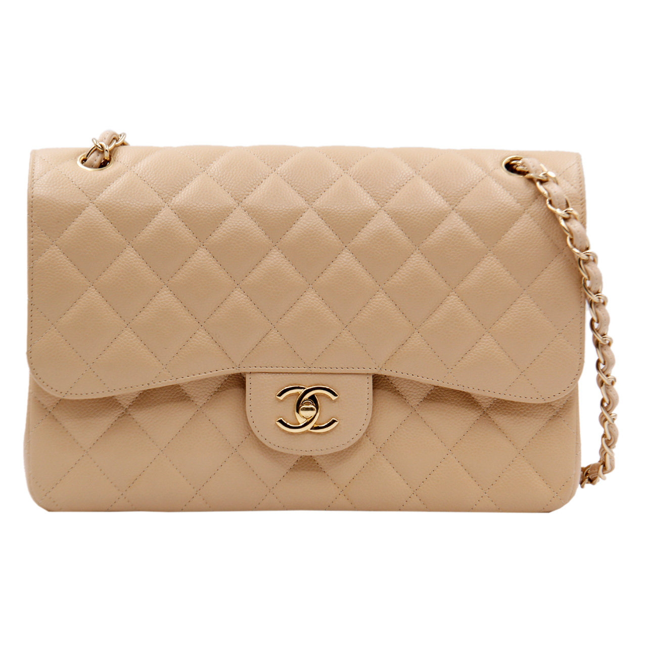 9.8新〕香奈儿chanel女士米色牛皮荔枝纹jumbo手袋