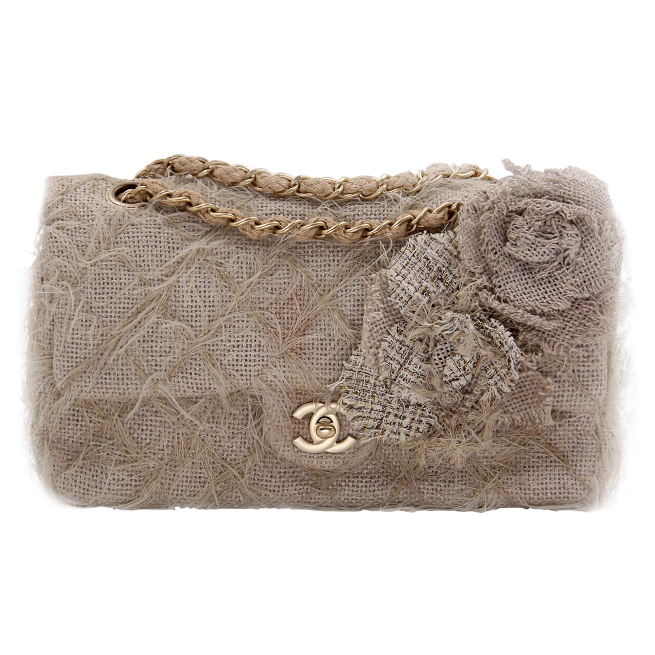 9.5新〕香奈儿chanel女士cf系列米白色毛呢单肩包