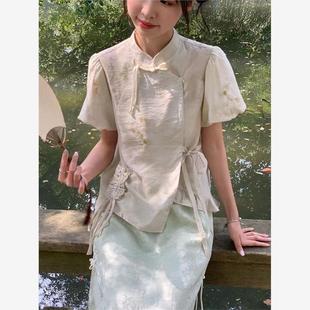 【两件套】新中式水墨印花竹青色裙子复古文艺风系带上衣+半身裙