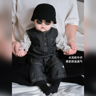 婴儿衣服春装男宝宝连体衣春秋季套装超萌婴幼儿牛仔外出爬服春款