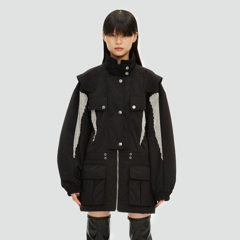 uooyaa乌丫2021冬季新款未来感机甲几何烫钻风衣棉服外套