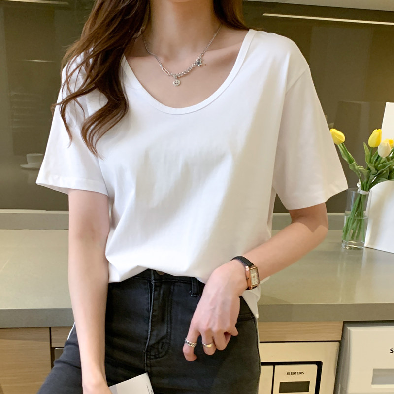 大领口港味短袖纯色t恤女宽松u领心机露锁骨纯棉性感白色上衣女夏