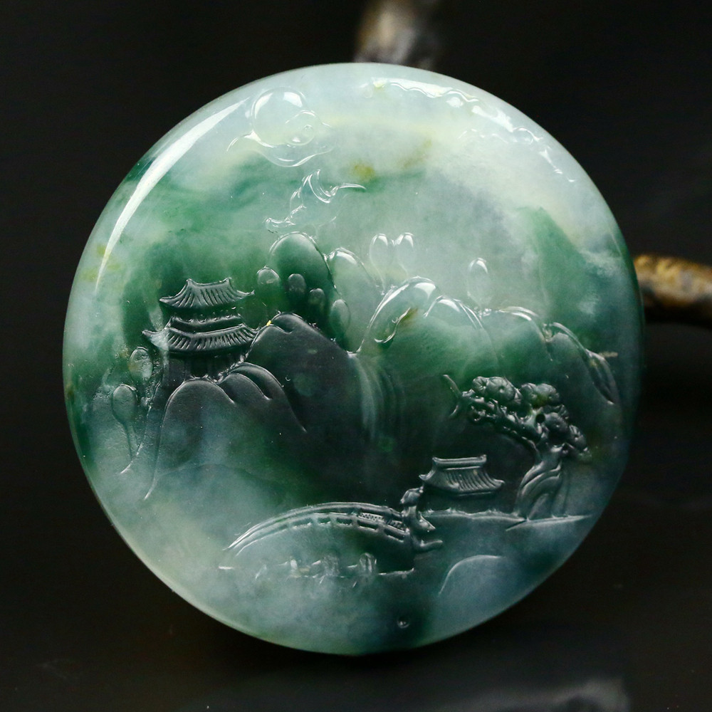 私人定制 天然翡翠a货老坑糯冰种飘花宁静致远山水牌45.86g