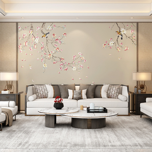 新中式国风花鸟壁纸客厅电视背景墙壁画壁布刺绣墙布茶室卧室墙纸