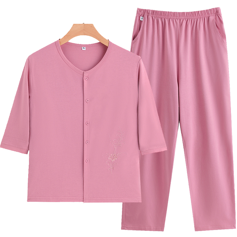 霞阁服饰旗舰店的优惠券大全—夏季薄款纯棉七分袖套装中老年宽松睡衣