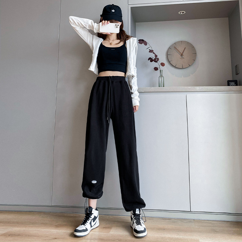 黑色运动裤女春秋季薄款2021新款宽松束脚高腰垂感阔腿裤休闲卫裤