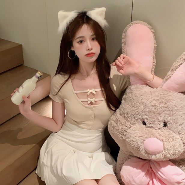 网红主播衣服ins显胸大上衣服装上镜清纯甜欲少女风蝴蝶结短袖t恤