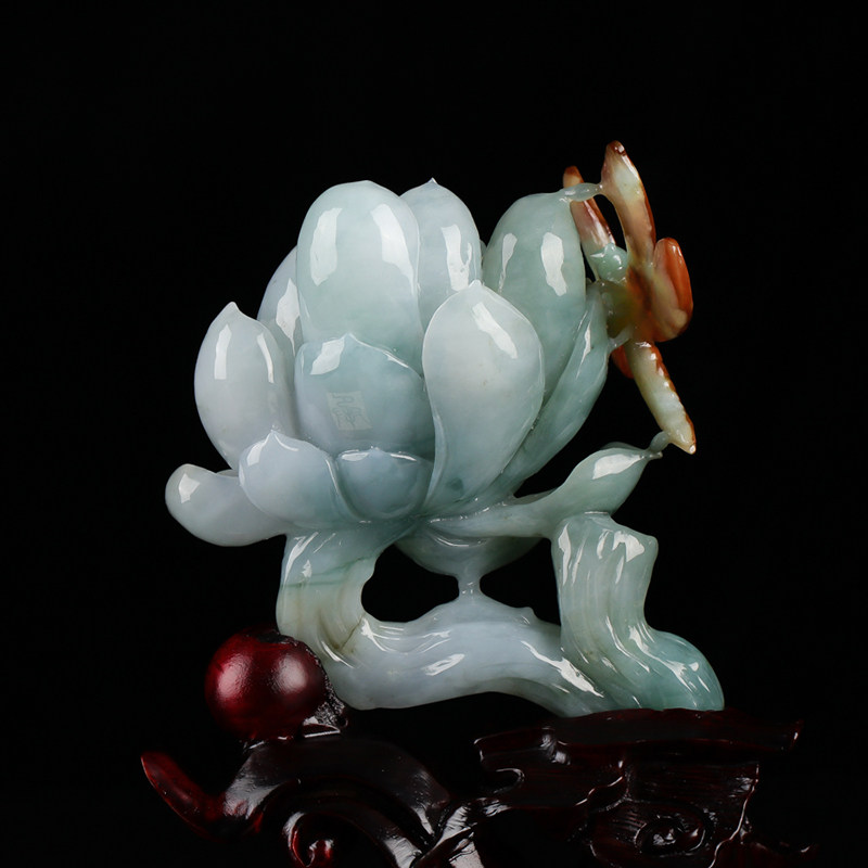 刘智晓玉雕工作室作品 糯种翡翠荷塘月色摆件225.04g