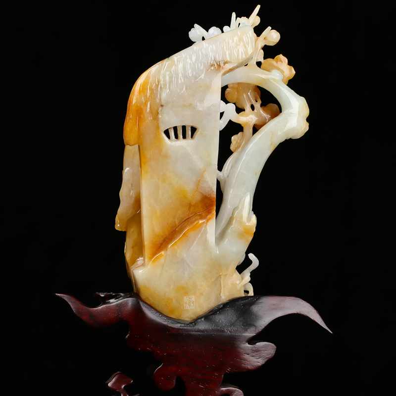 【源头好货】刘智晓玉雕大师作品 糯种黄翡翡翠咏梅摆件615.14g