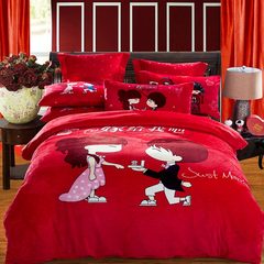 中国几何图案活性印花风法莱绒婚庆大红床品结婚四件套床上用品