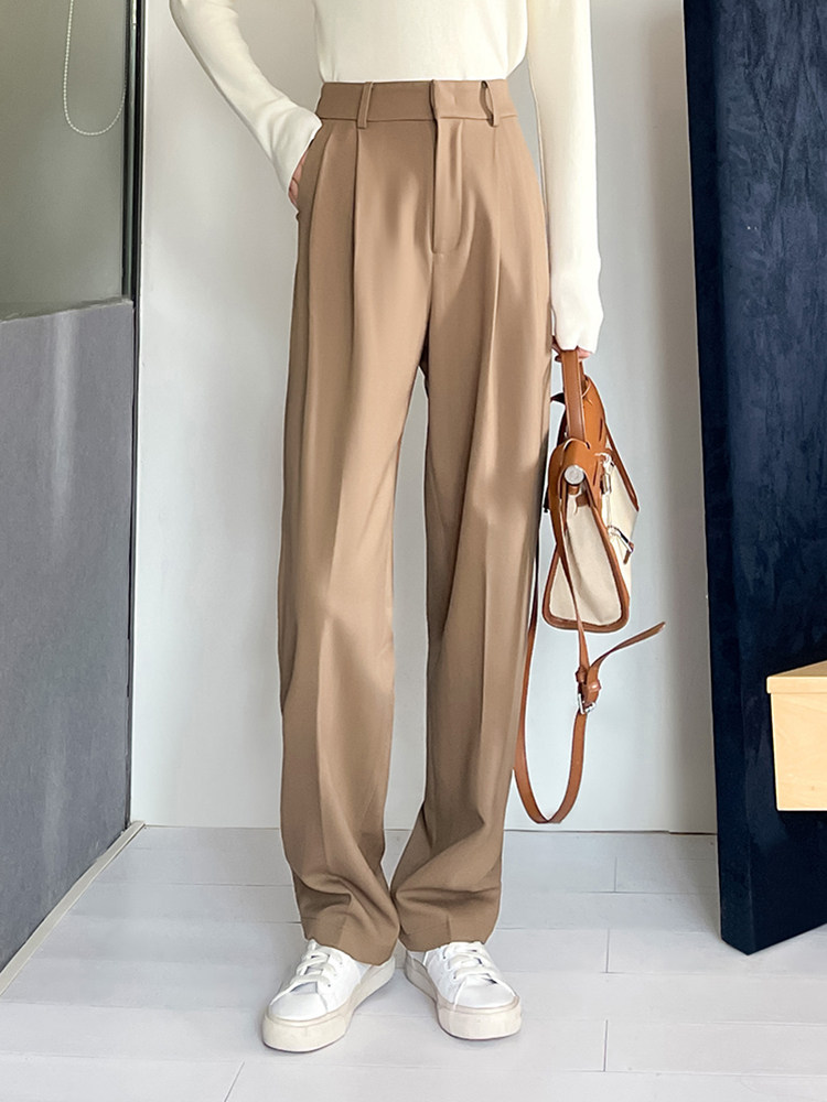 卡其色裤子女直筒2022新款高腰显瘦垂感西裤长裤高级感西装拖地裤