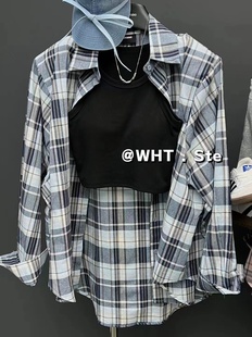 WHT新款韩版格子长袖衬衫+修身内搭套头背心时尚洋气两件套装女潮