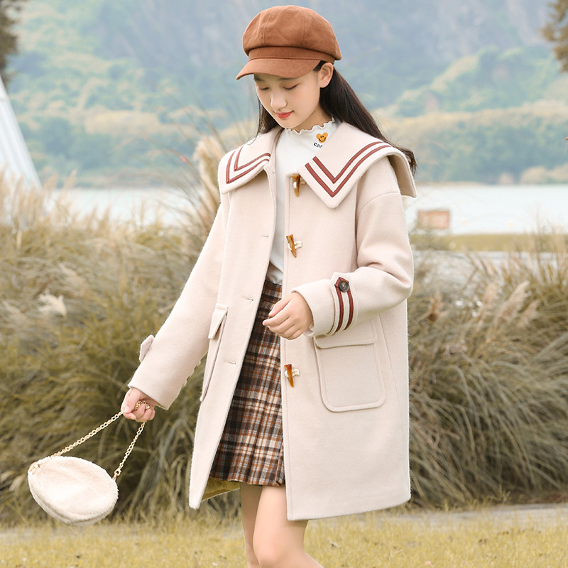 高中学生毛呢外套女中长款少女冬装学院风初中女生牛角扣呢子大衣