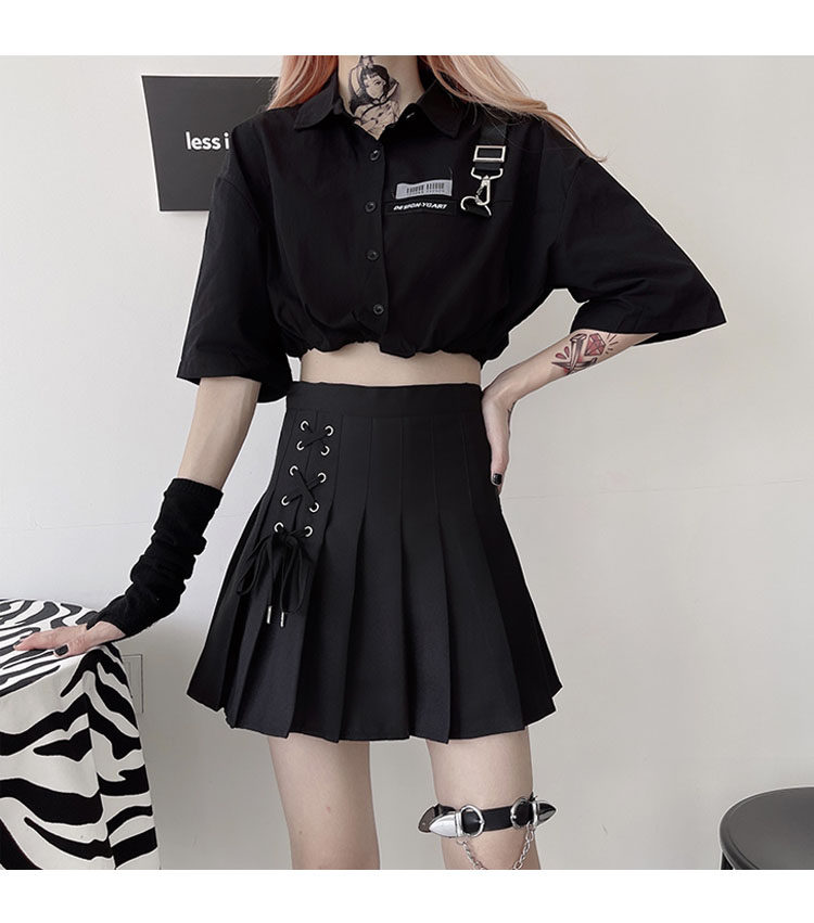 大码绑带jk百褶裙女暗黑学院风黑色高腰a字短裙小个子半身裙夏季