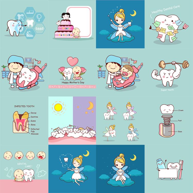 e568爱护牙齿儿童卡通牙仙小女精灵健康刷牙eps矢量设计素材25p