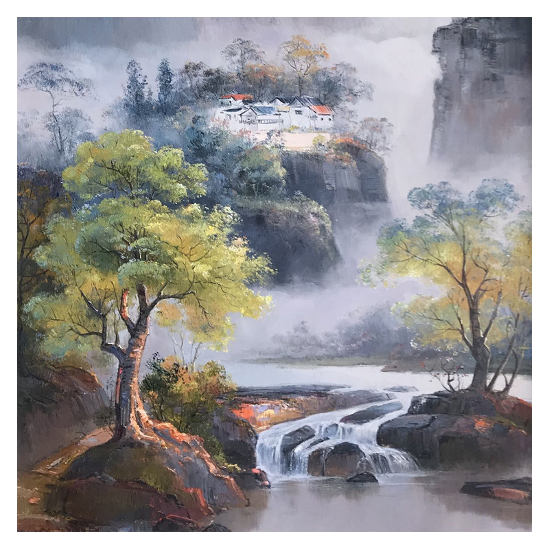 林建生《江山如画之鸿运当头》玄关大幅油画70cmx150cm