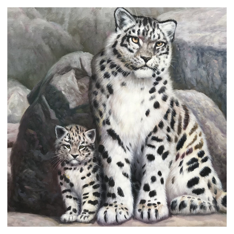 洪金春《雪豹母子》布面油画60cmx80cm