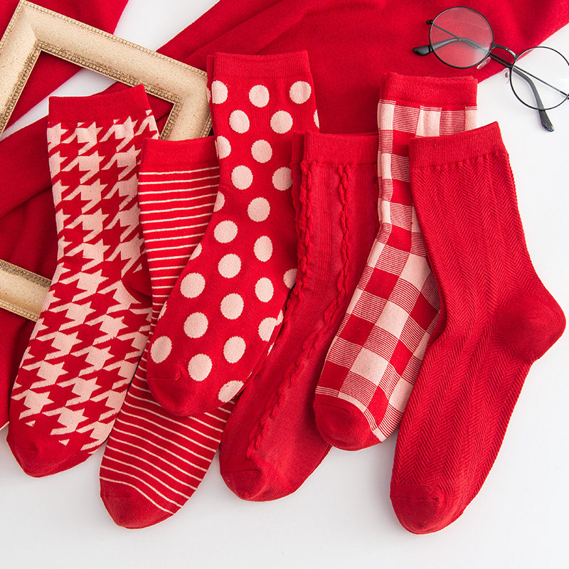 红色袜子女本命年大红色新年中筒袜女士纯棉情侣款结婚秋冬季长袜