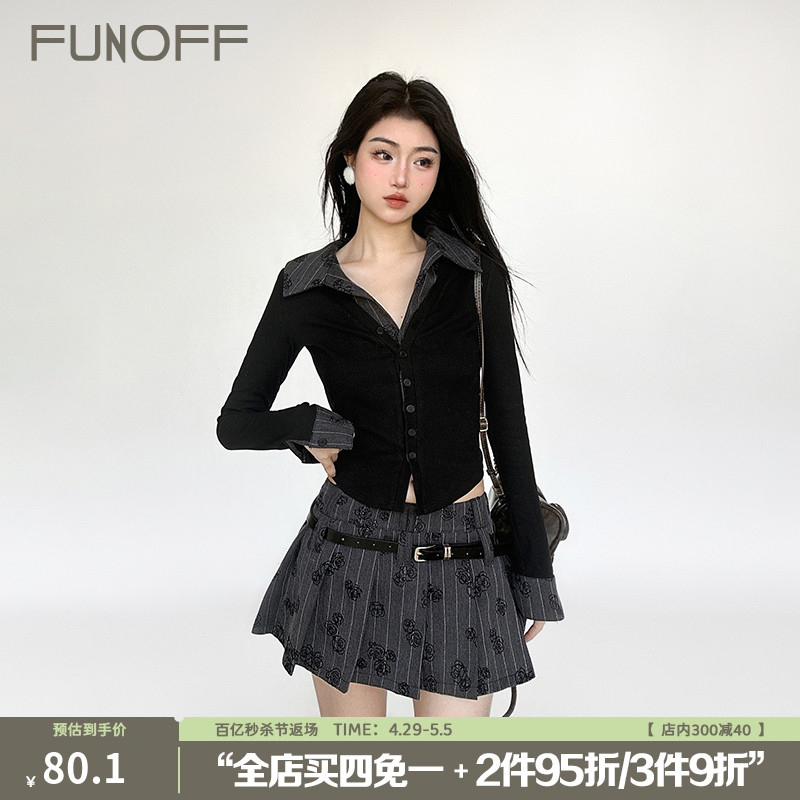 FUNOFF 玫瑰心跳#辣妹灰色高腰印花腰带百褶半身裙显瘦A字短裙女