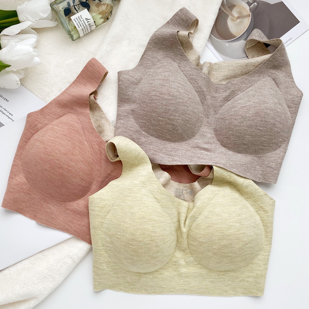 超柔软含羊绒桑蚕丝内衣女背心式无钢圈秋冬温暖磨毛舒适无痕胸罩