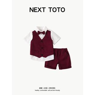 英国NEXT TOTO男童夏季周岁红色礼服儿童套装宝宝帅气假两件衬衫