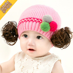 女宝宝帽子6-12个月女童公主假发帽婴儿保暖毛线帽秋冬季1-2岁潮3