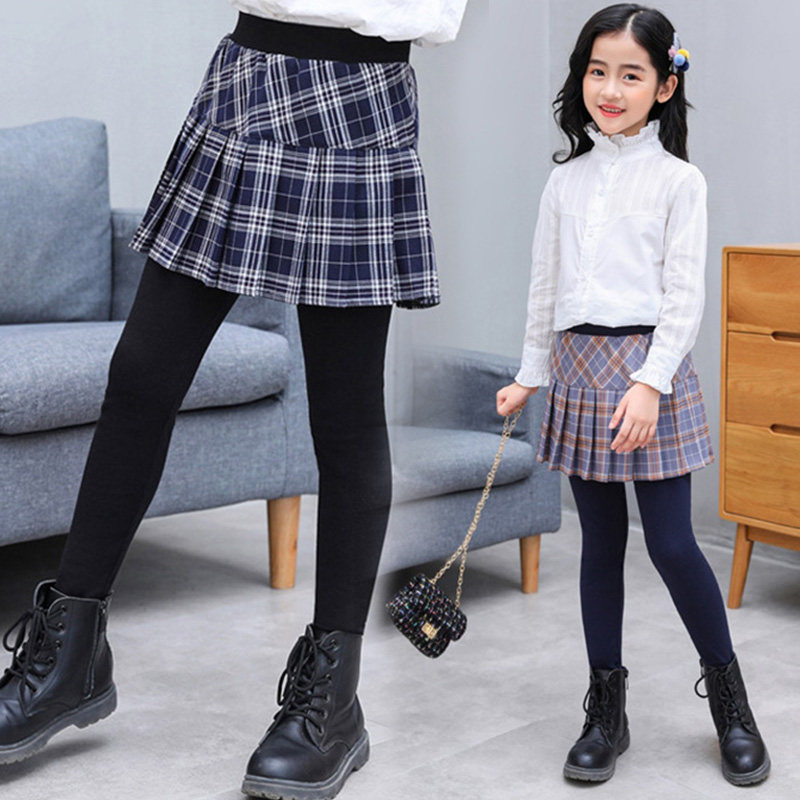 女童打底裤假两件格子裙裤秋冬季新款纯棉儿童女孩外穿加绒长裤子