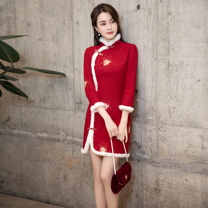 红色旗袍女冬季2021年新款加绒加厚过年小袄拜年服唐装女装中国风
