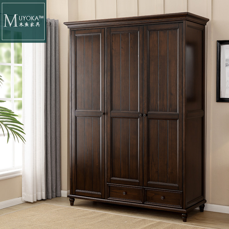 美式实木三门衣柜美式乡村大衣柜家具衣橱卧室黑胡桃色小户型