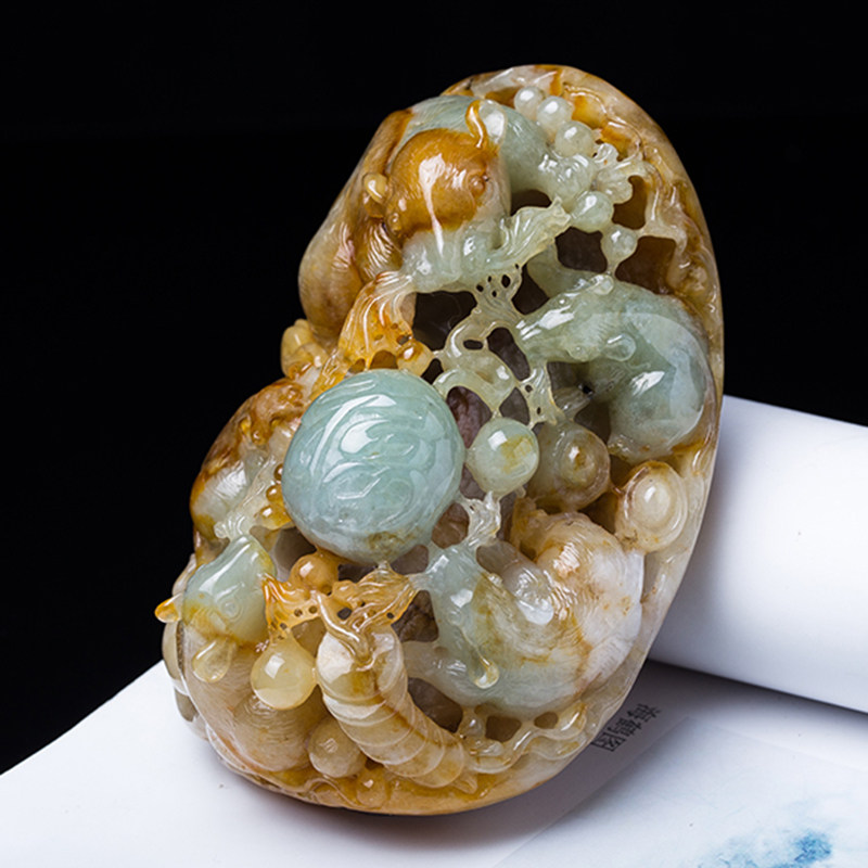 [源头好货-四会] 冰糯种天然翡翠a货五鼠运财双彩手把件0.33kg