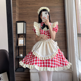 可爱风lolita女仆装cos性感cosplay女仆大佬连衣裙黑红格子加大码