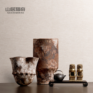 中式复古景德镇陶瓷花瓶粗陶花器创意茶壶托盘铜狮子摆件软装搭配