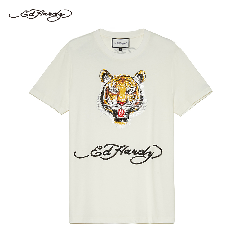 ed hardy 2021夏季新款经典logo虎头印花烫钻男女同款休闲短袖t恤