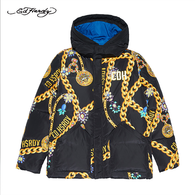 ed hardy 冬季男士时尚宽松印花保暖连帽羽绒服e13mdm312003