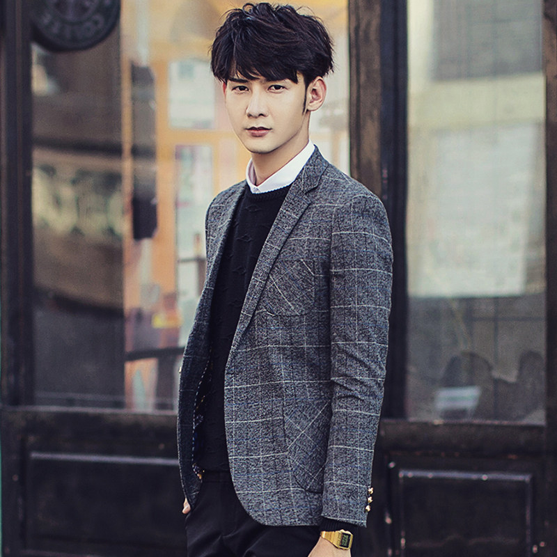 秋季新款休闲灰色格子西装男韩版修身青年上衣薄款小西服男装